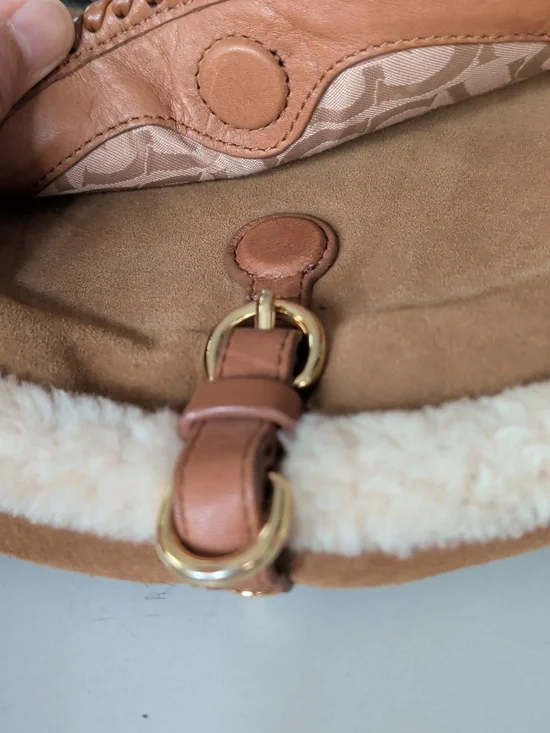 UGG Tan Suede Crossbody with Floral Embroidery Wool Trim Roomy Chic Lightweight - Picture 13 of 13